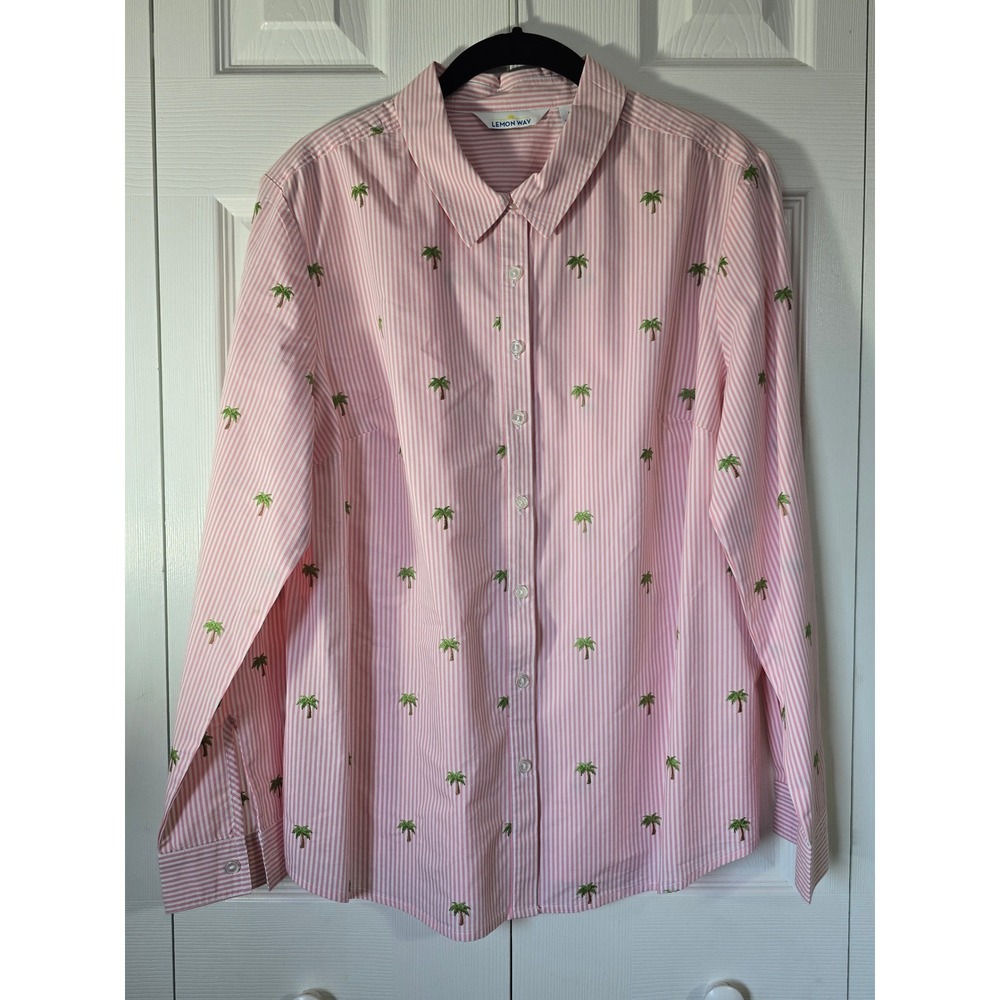 Lemon Way Womens Large Pink White Striped Palm Tree Embroidered Button Up Shirt